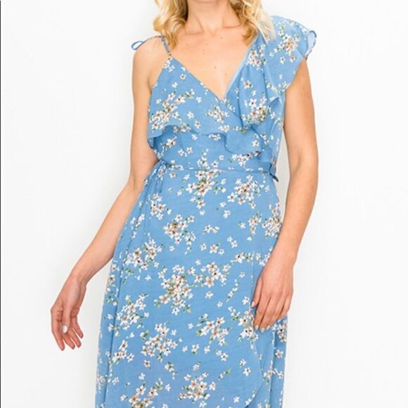 🆕 Blue Floral Wrap Dress Med Lg - Picture 2 of 8